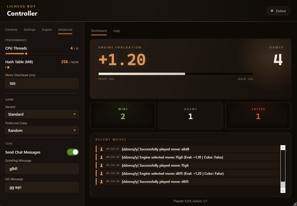 Advanced tab — CPU threads, hash table, move overhead, chat