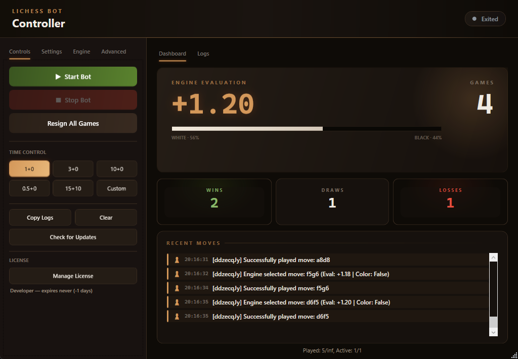 Controls tab — Start/Stop, time control presets, license status