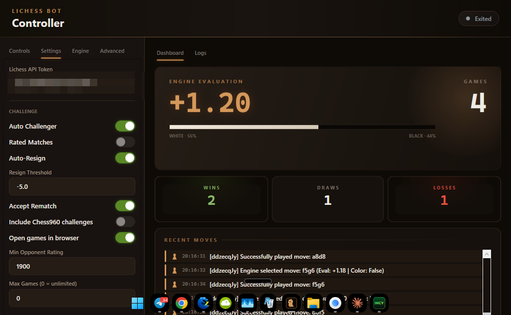 Settings tab — API token, auto-challenger, rated, auto-resign